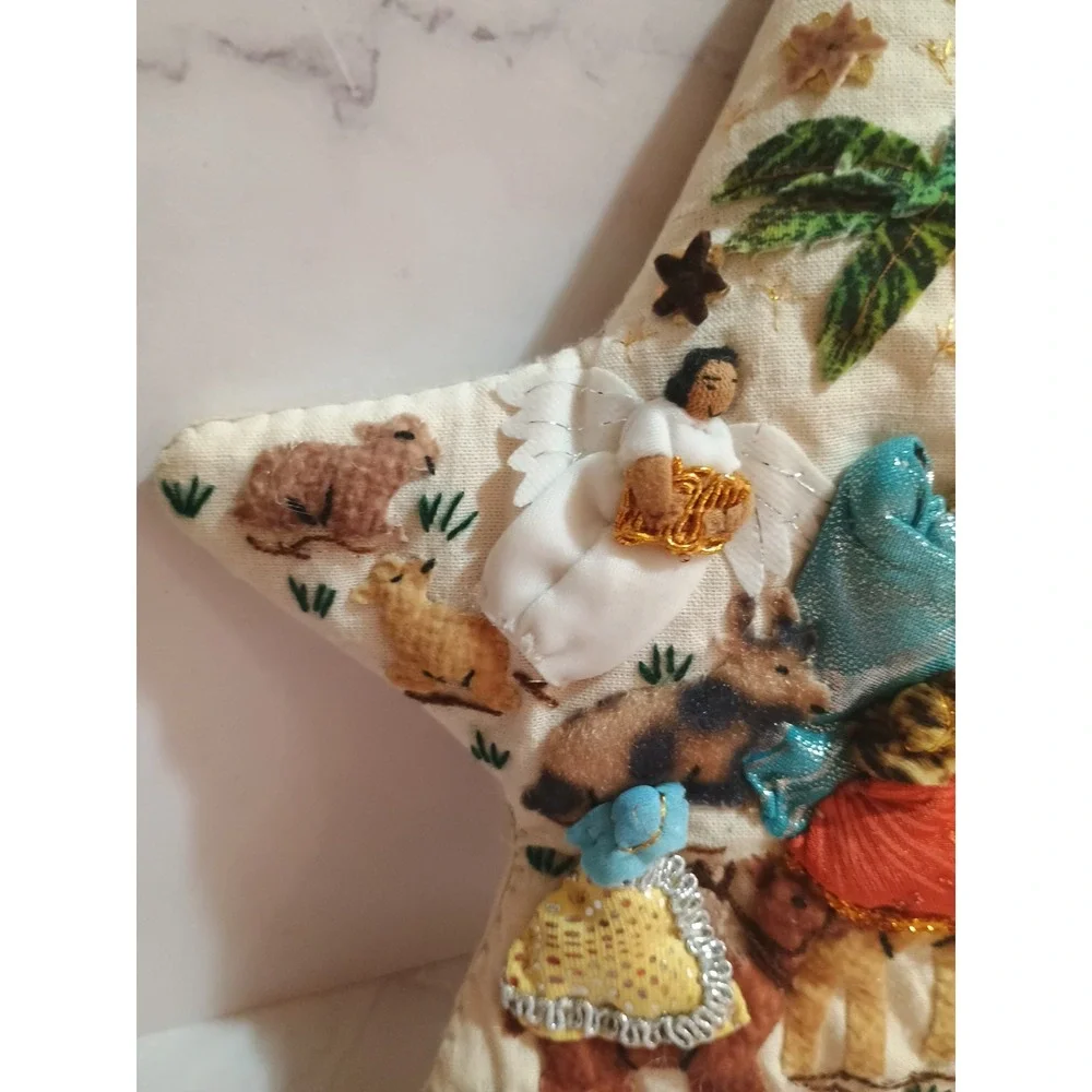 Vintage Fabric Nativity Scene Star‎ Tree Topper Metallic Vibrant Color Ornaments